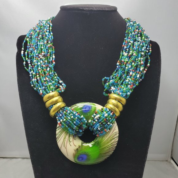 Signature Tibetan multi color seed beaded necklace ( turquoise  base) - Picture 1 of 6